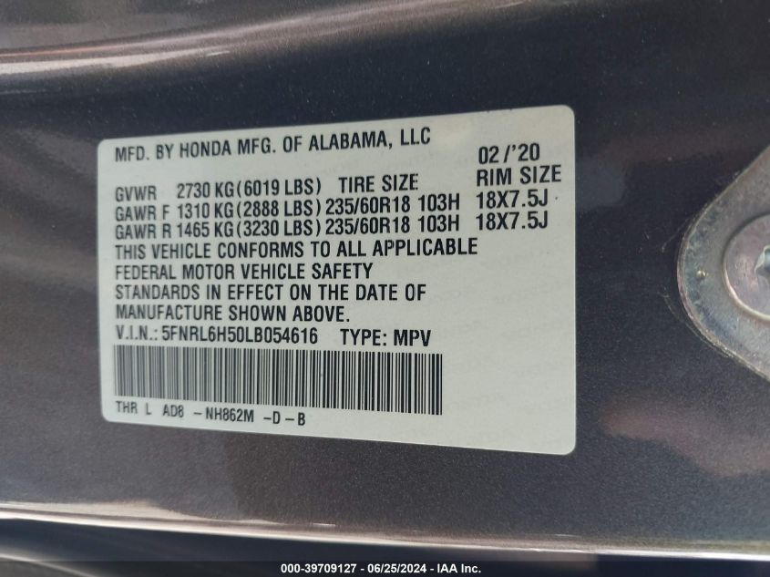 2020 Honda Odyssey Ex VIN: 5FNRL6H50LB054616 Lot: 39709127