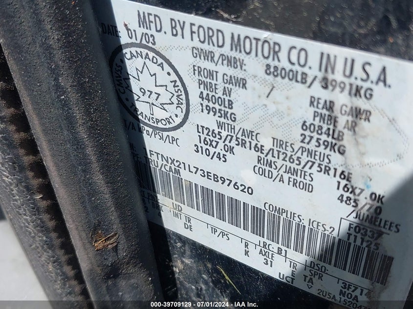 2003 Ford F-250 Lariat/Xl/Xlt VIN: 1FTNX21L73EB97620 Lot: 39709129