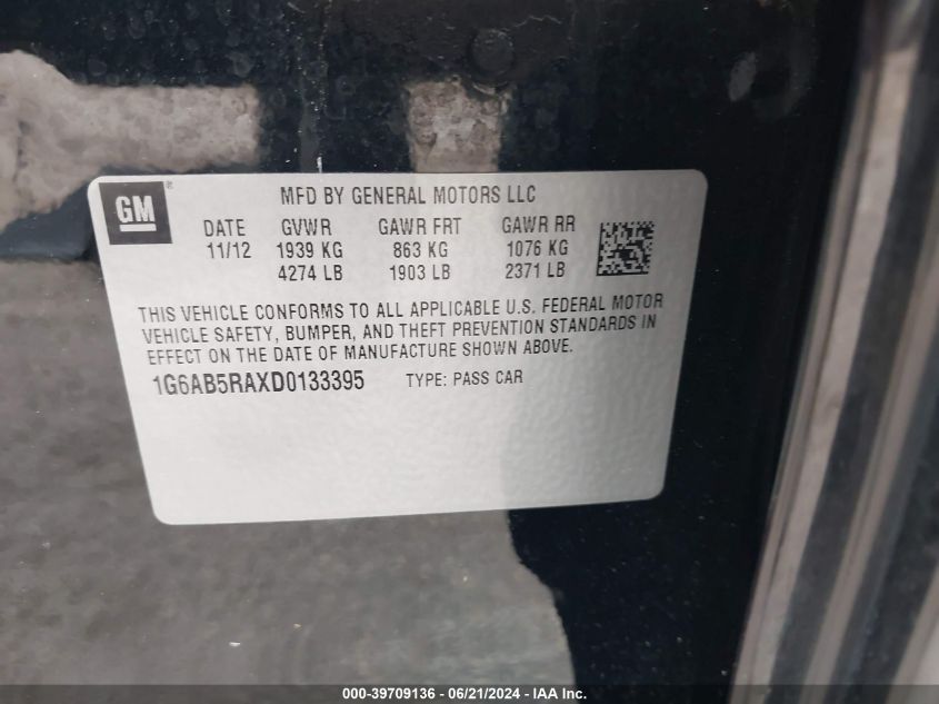 2013 Cadillac Ats Luxury VIN: 1G6AB5RAXD0133395 Lot: 39709136