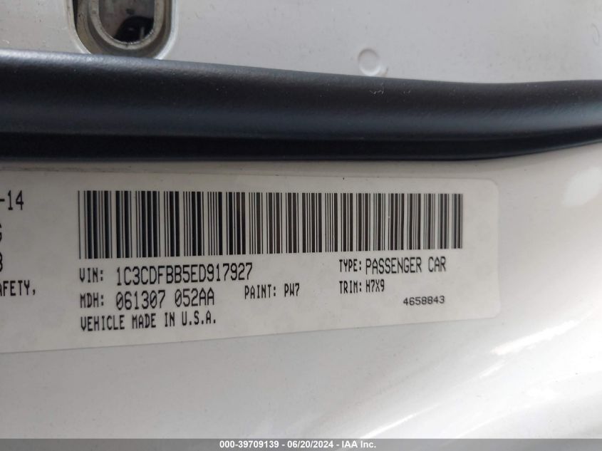 2014 Dodge Dart Sxt VIN: 1C3CDFBB5ED917927 Lot: 39709139