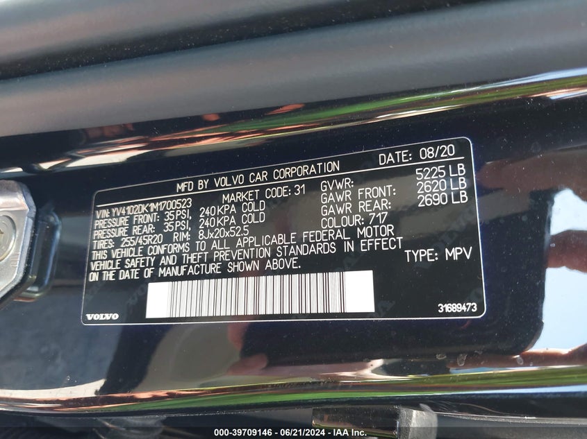 2021 VOLVO XC60 2.0L I4   N(VIN: YV4102DK1M1700523