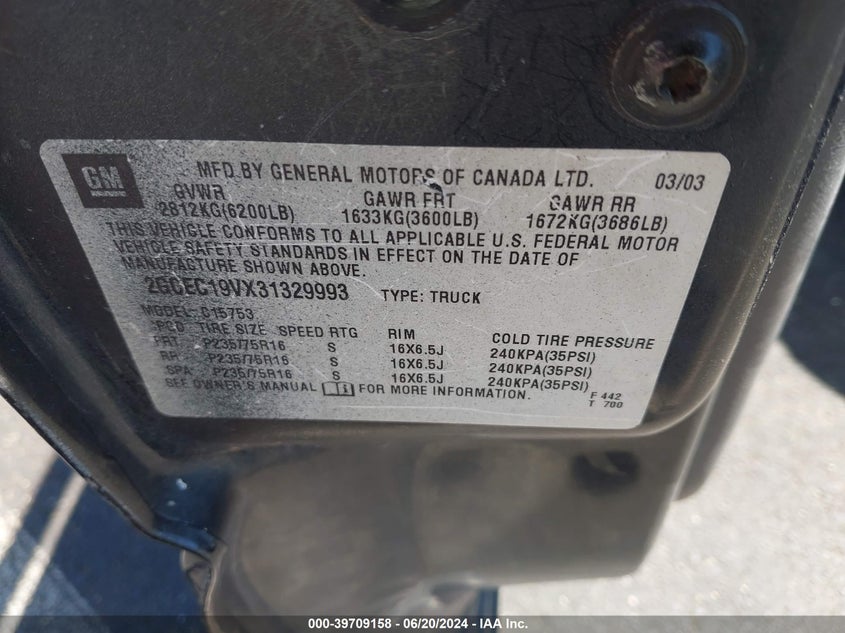 2003 Chevrolet Silverado 1500 Ls VIN: 2GCEC19VX31329993 Lot: 39709158