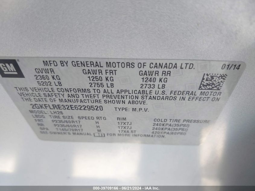 2014 GMC Terrain Sle-2 VIN: 2GKFLRE32E6229520 Lot: 39709166