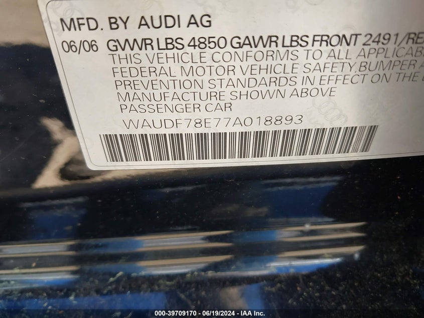 2007 Audi A4 2.0T VIN: WAUDF78E77A018893 Lot: 39709170