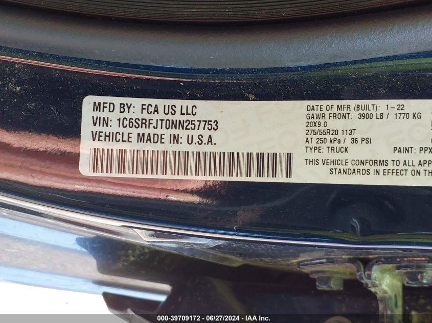 2022 Ram 1500 Laramie VIN: 1C6SRFJT0NN257753 Lot: 39709172