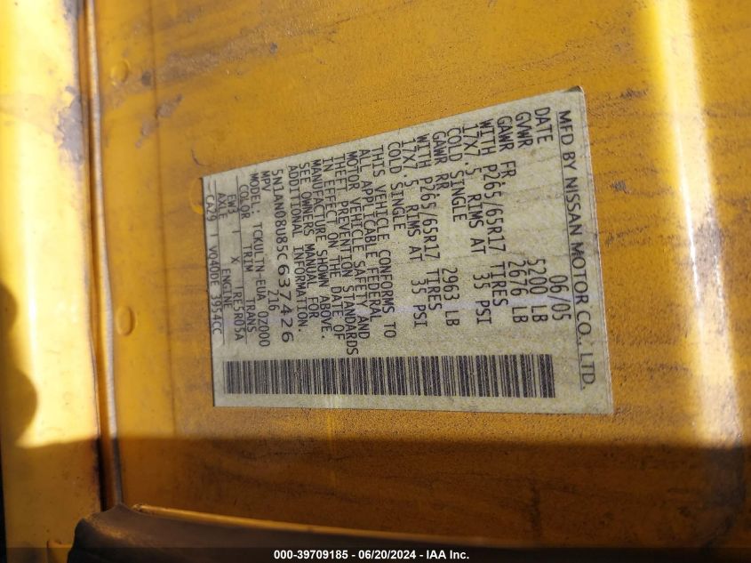 2005 Nissan Xterra Se VIN: 5N1AN08U85C637426 Lot: 39709185