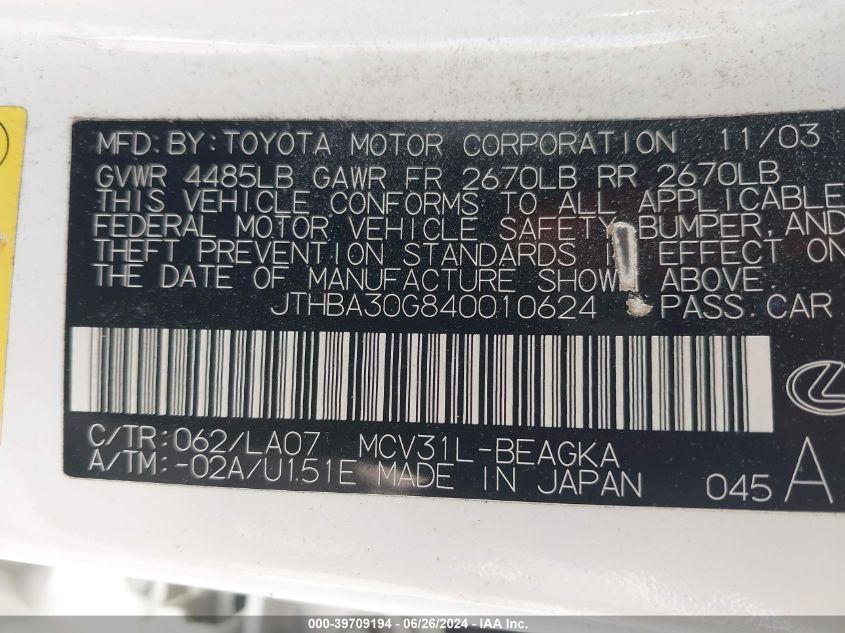 2004 Lexus Es 330 VIN: JTHBA30G840010624 Lot: 39709194