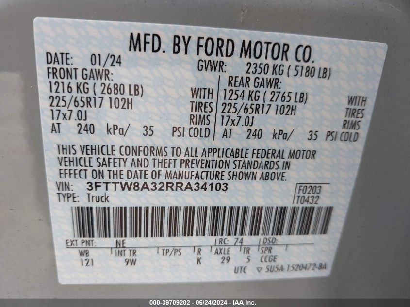 2024 Ford Maverick Xl VIN: 3FTTW8A32RRA34103 Lot: 39709202