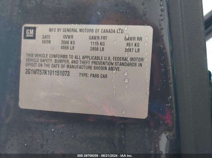 2009 Chevrolet Impala 1Lt VIN: 2G1WT57K191151073 Lot: 39709208