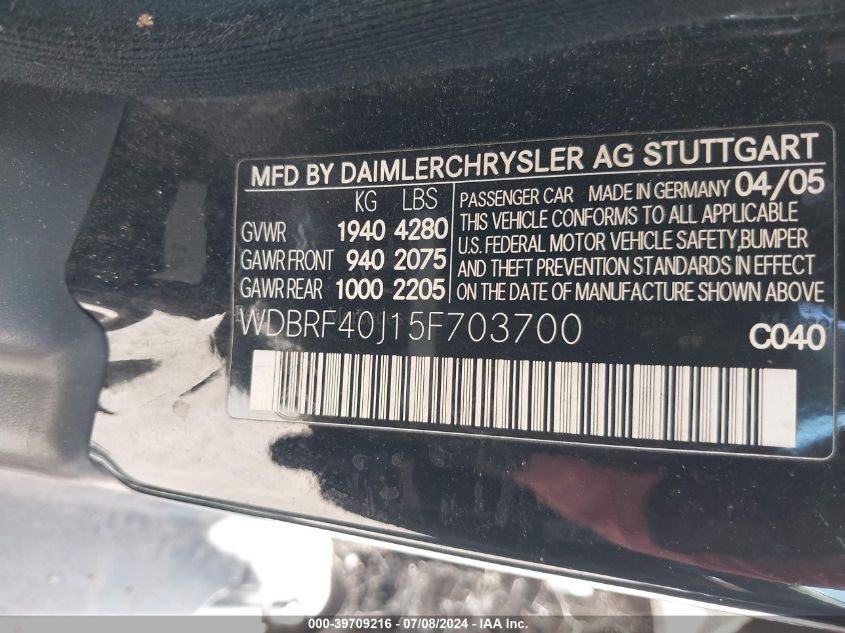 2005 Mercedes-Benz C 230 Kompressor Sport VIN: WDBRF40J15F703700 Lot: 39709216