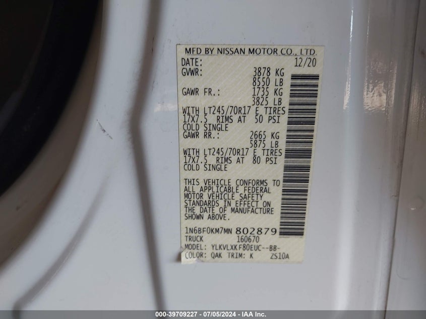 2021 NISSAN NV CARGO NV1500 SV STANDARD ROOF V6 - 1N6BF0KM7MN802879