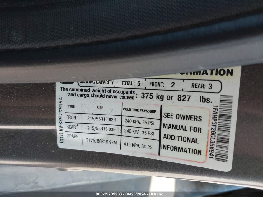 2012 Ford Focus Se VIN: 1FAHP3F26CL356941 Lot: 39709233