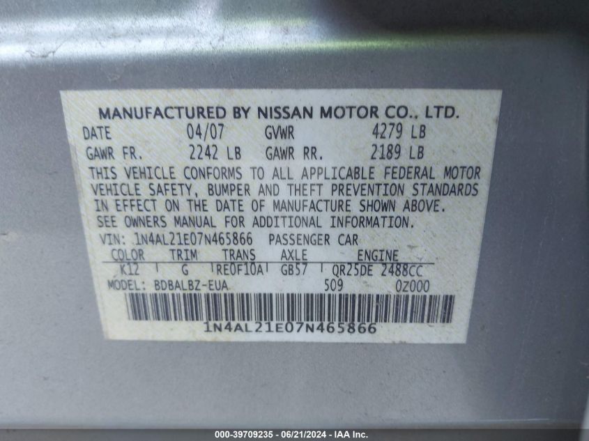 2007 Nissan Altima 2.5/2.5S VIN: 1N4AL21E07N465866 Lot: 39709235