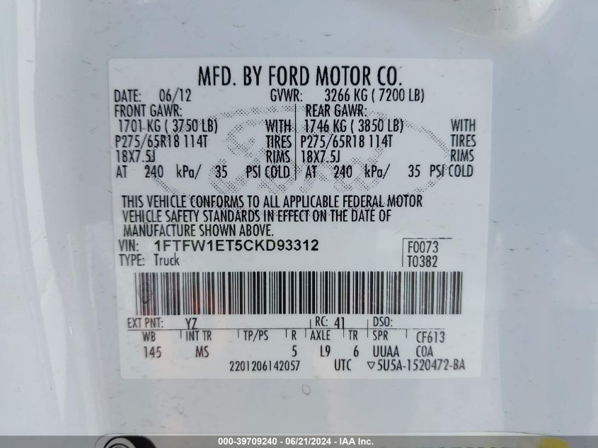 2012 Ford F150 Supercrew VIN: 1FTFW1ET5CKD93312 Lot: 39709240