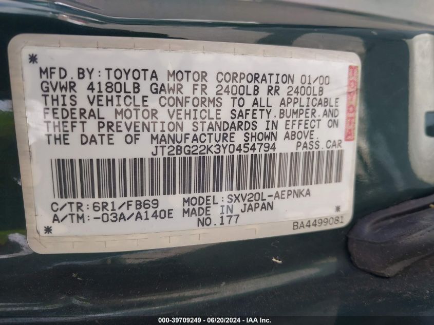 2000 Toyota Camry Le VIN: JT2BG22K3Y0454794 Lot: 39709249