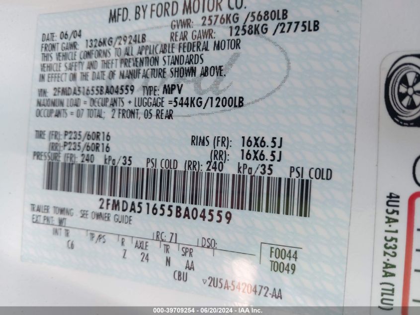 2005 Ford Freestar Wagon VIN: 2FMDA51655BA0455 Lot: 39709254
