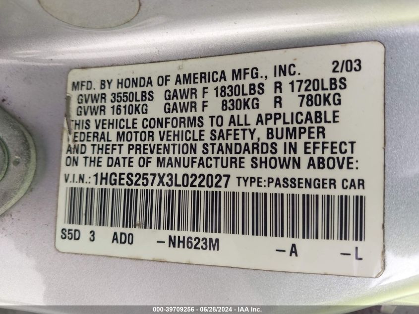 2003 Honda Civic Ex VIN: 1HGES257X3L022027 Lot: 39709256