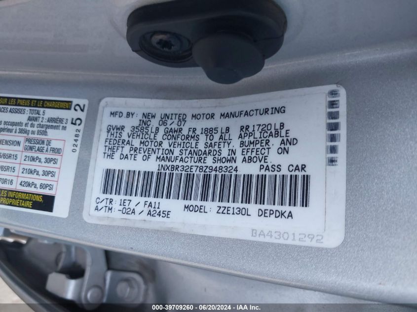 2008 Toyota Corolla Ce VIN: 1NXBR32E78Z948324 Lot: 39709260