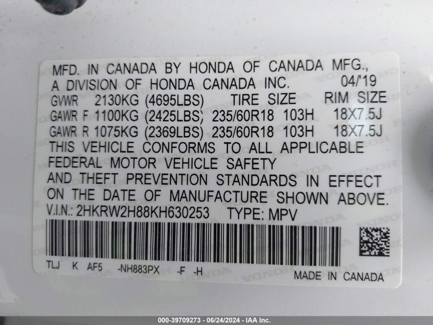 2019 Honda Cr-V Ex-L VIN: 2HKRW2H88KH630253 Lot: 39709273