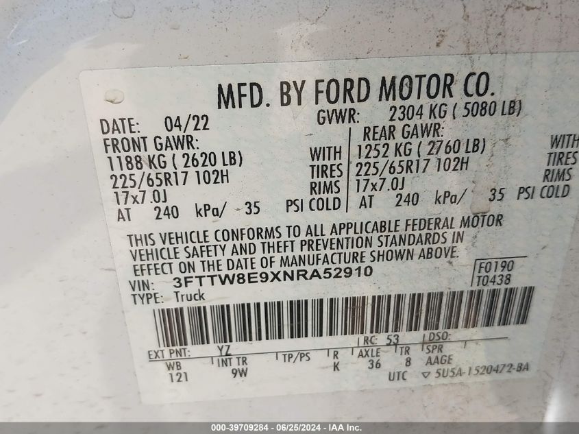 2022 Ford Maverick Xl/Xlt/Lariat VIN: 3FTTW8E9XNRA52910 Lot: 39709284