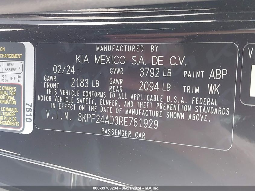 2024 Kia Forte Lxs VIN: 3KPF24AD3RE761929 Lot: 39709294