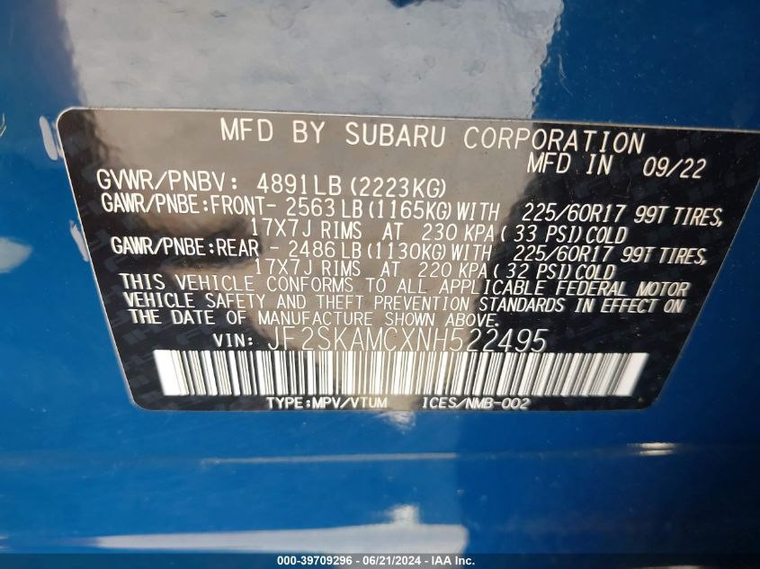 2022 Subaru Forester Wilderness VIN: JF2SKAMCXNH522495 Lot: 39709296