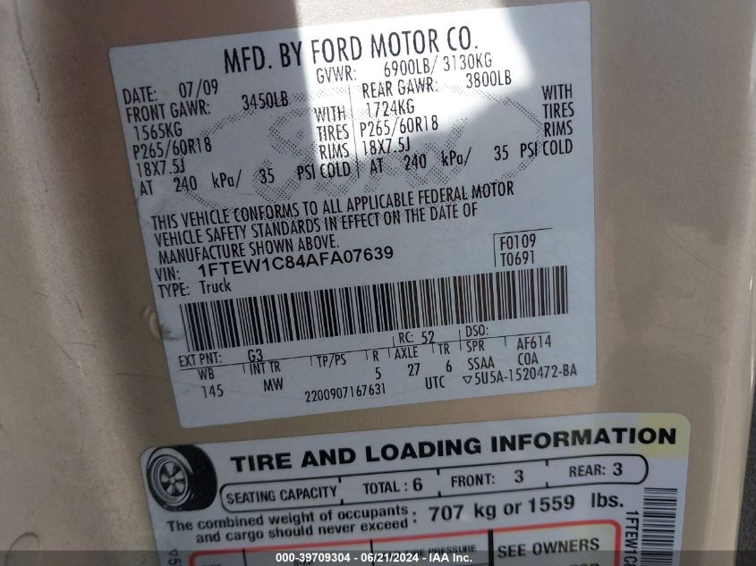 2010 Ford F-150 Fx2 Sport/Xl/Xlt VIN: 1FTEW1C84AFA07639 Lot: 39709304