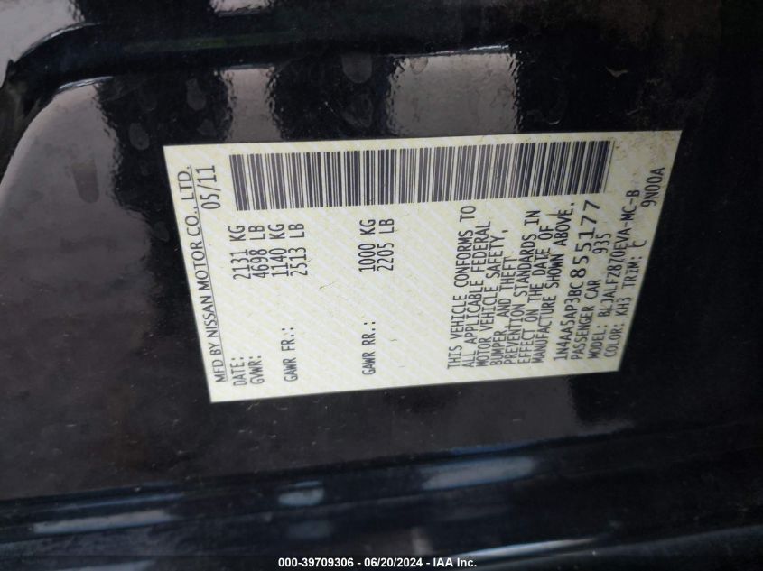 2011 Nissan Maxima 3.5 Sv VIN: 1N4AA5AP3BC855177 Lot: 39709306