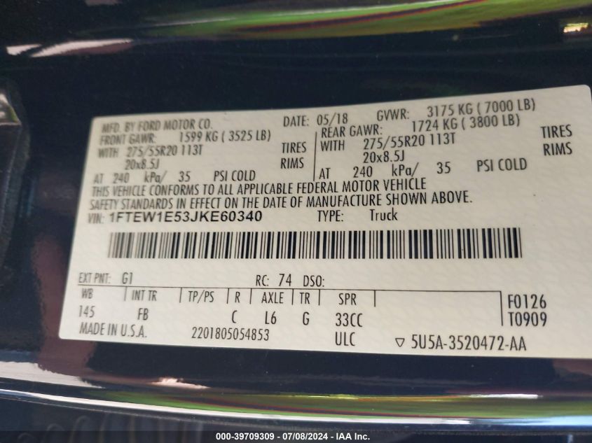 2018 Ford F-150 Xlt VIN: 1FTEW1E53JKE60340 Lot: 39709309