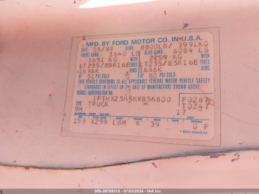 1989 Ford F250 VIN: 1FTHX25H9KKB56800 Lot: 39709315