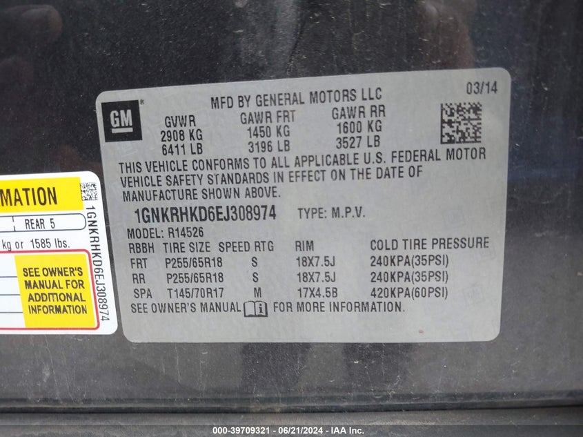 2014 Chevrolet Traverse 2Lt VIN: 1GNKRHKD6EJ308974 Lot: 39709321