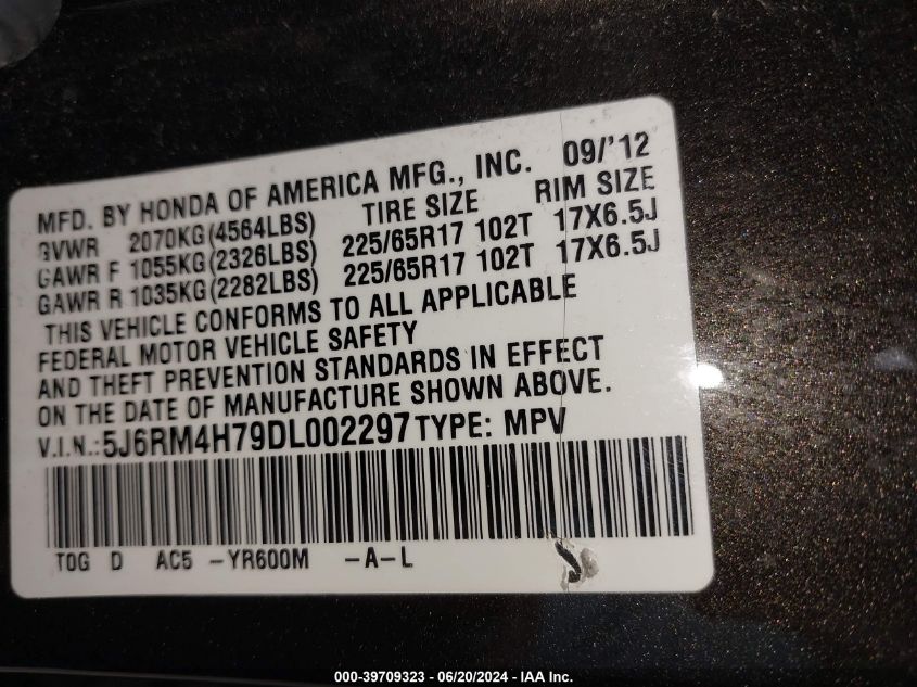 2013 HONDA CR-V EX-L - 5J6RM4H79DL002297