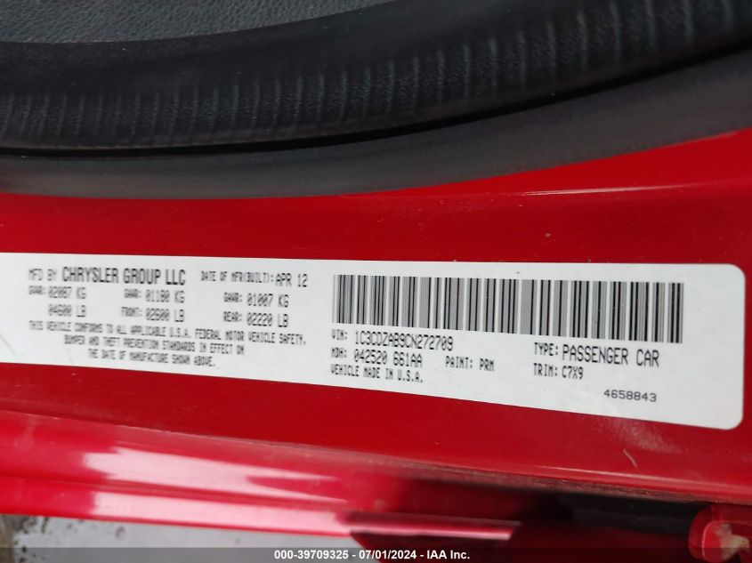 2012 Dodge Avenger Se VIN: 1C3CDZAB9CN272709 Lot: 39709325