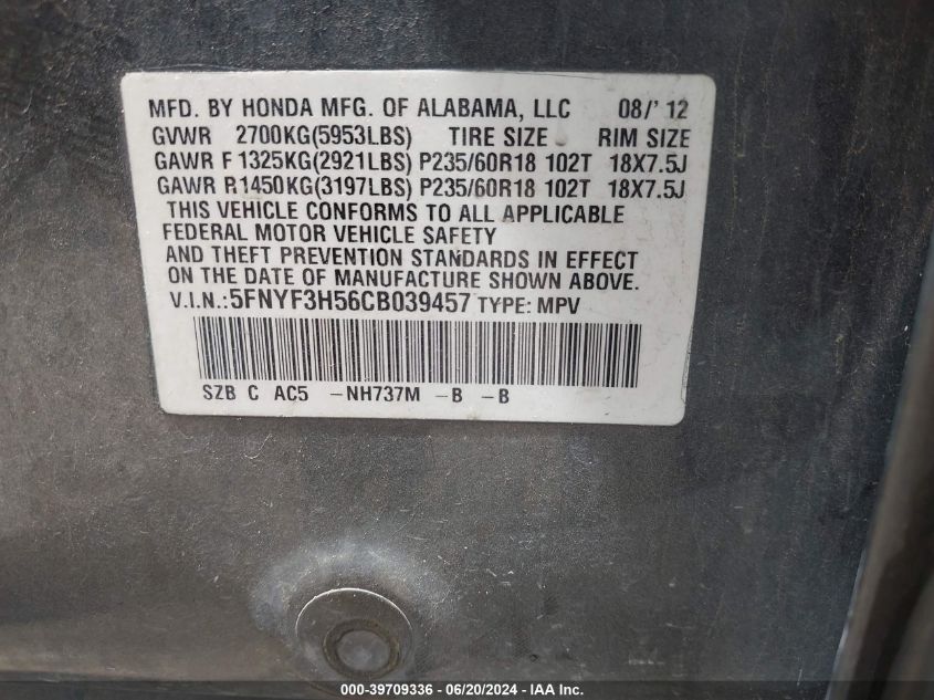2012 Honda Pilot Ex-L VIN: 5FNYF3H56CB039457 Lot: 39709336