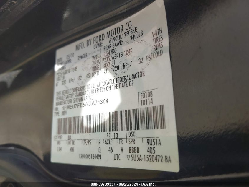 2010 Ford Explorer Limited VIN: 1FMEU7FE5AUA71304 Lot: 39709337