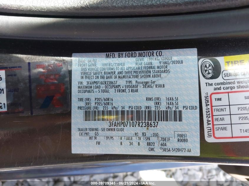 2007 Ford Fusion Se VIN: 3FAHP07107R238637 Lot: 39709345