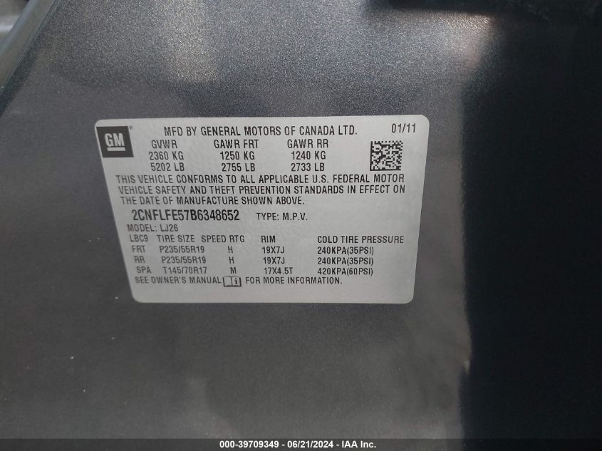 2CNFLFE57B6348652 2011 Chevrolet Equinox Ltz