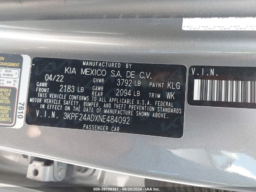 2022 KIA FORTE 2.0L I-4 DOHC, VVT, (VIN: 3KPF24ADXNE484092