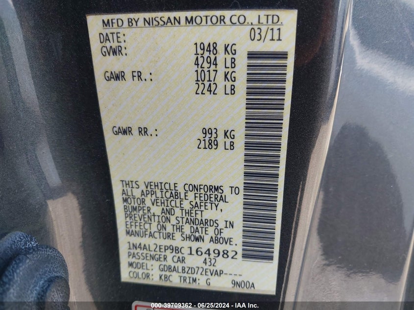 2011 Nissan Altima 2.5 S VIN: 1N4AL2EP9BC164982 Lot: 39709362