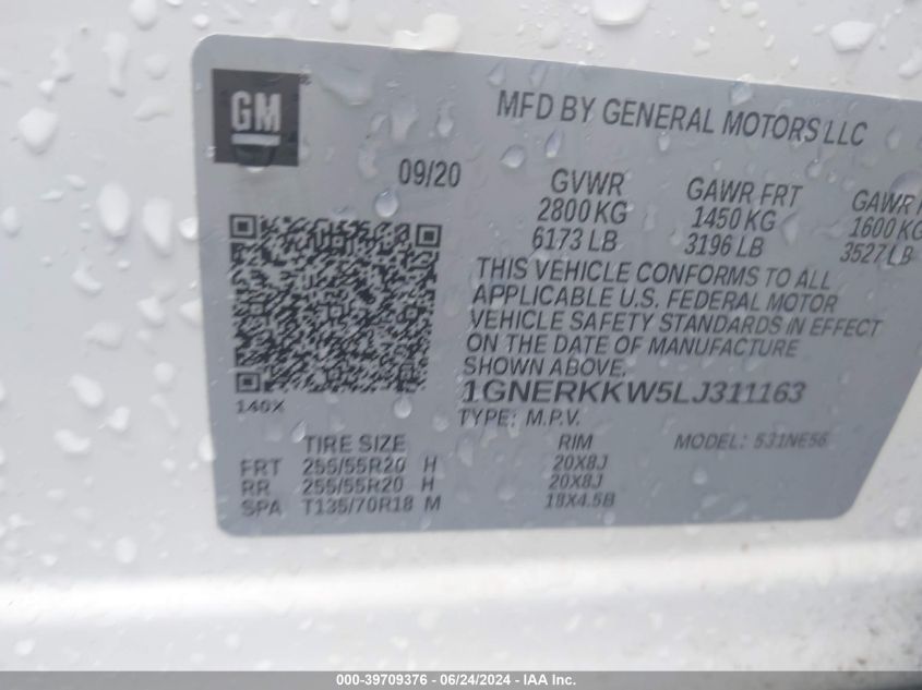 2020 Chevrolet Traverse Fwd Premier VIN: 1GNERKKW5LJ311163 Lot: 39709376