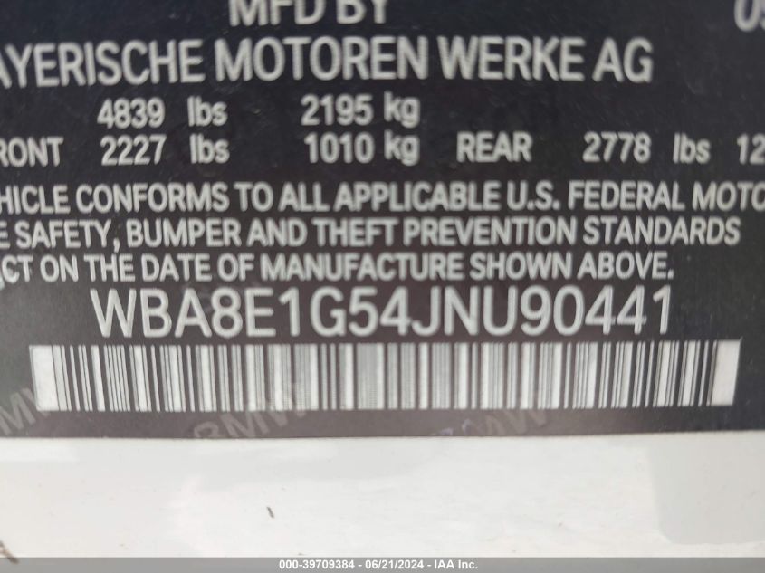 2018 BMW 320I VIN: WBA8E1G54JNU90441 Lot: 39709384