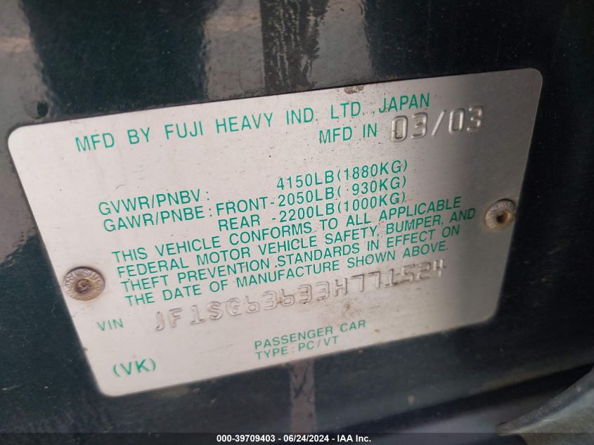 2003 Subaru Forester X VIN: JF1SG63633H771524 Lot: 39709403