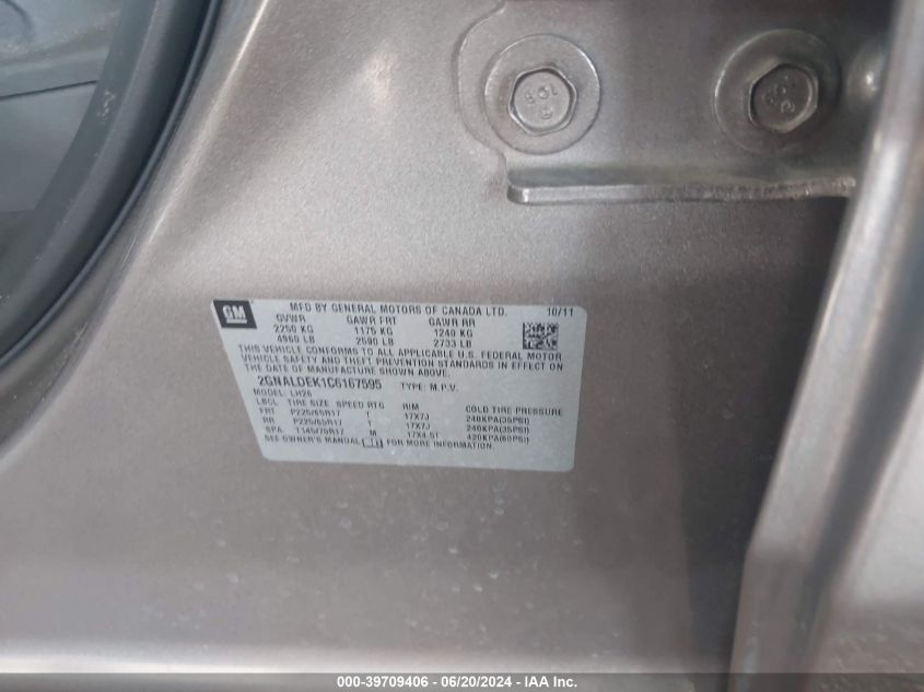 2012 Chevrolet Equinox 1Lt VIN: 2GNALDEK1C6167595 Lot: 39709406