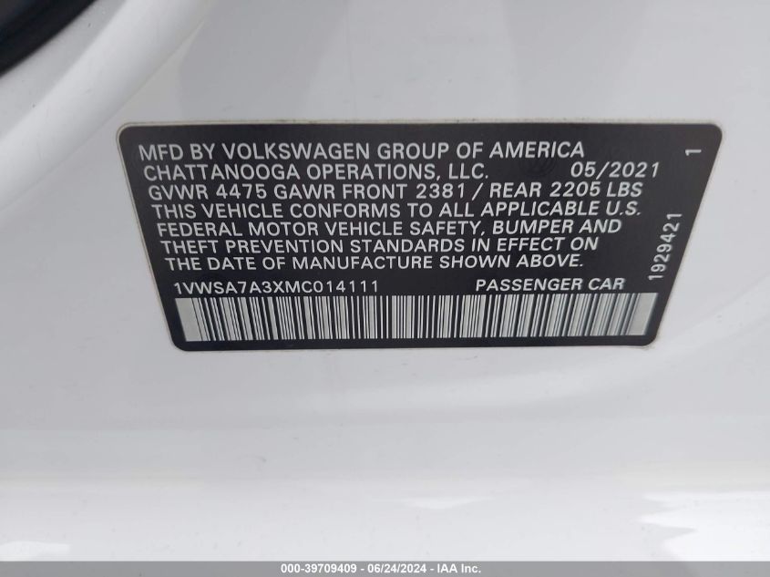 2021 VOLKSWAGEN PASSAT SE - 1VWSA7A3XMC014111
