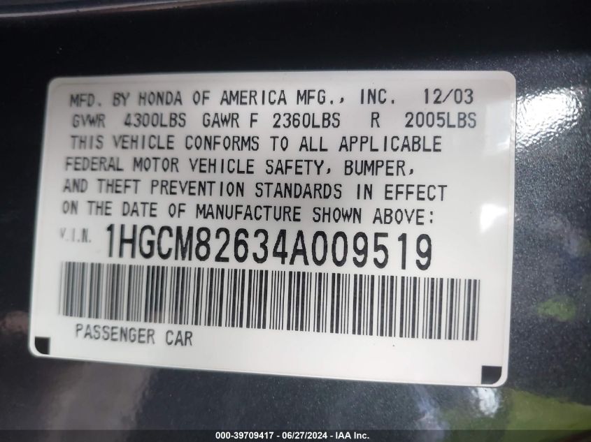 2004 Honda Accord 3.0 Ex VIN: 1HGCM82634A009519 Lot: 39709417