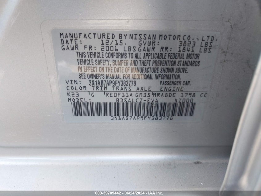 2015 Nissan Sentra S VIN: 3N1AB7AP9FY383778 Lot: 39709442