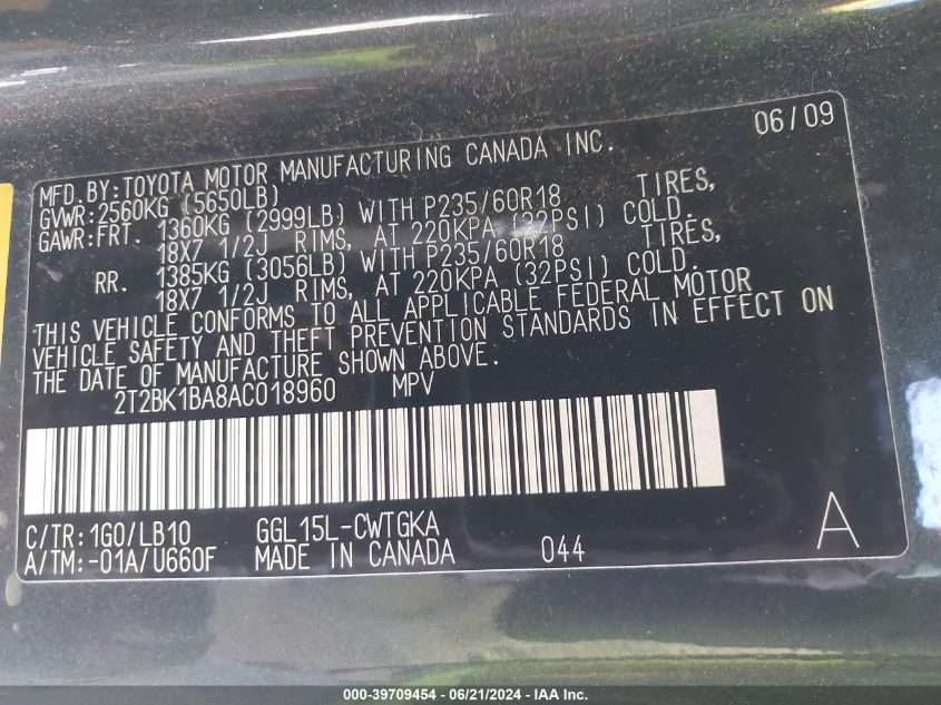 2010 Lexus Rx 350 VIN: 2T2BK1BA8AC018960 Lot: 39709454