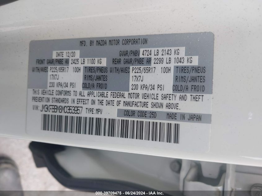 2021 Mazda Cx-5 Sport VIN: JM3KFBBM8M0353957 Lot: 39709475