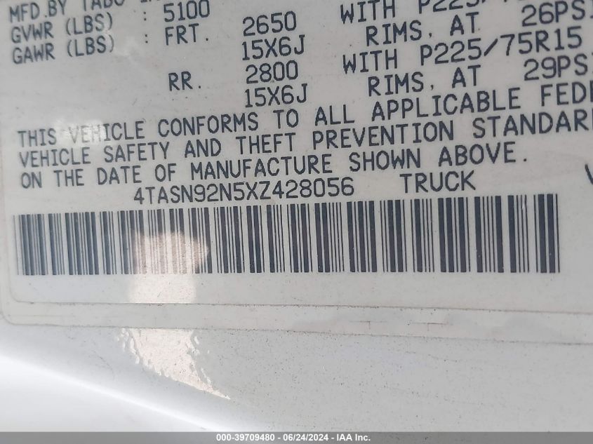 1999 Toyota Tacoma Xtracab Prerunner VIN: 4TASN92N5XZ428056 Lot: 39709480