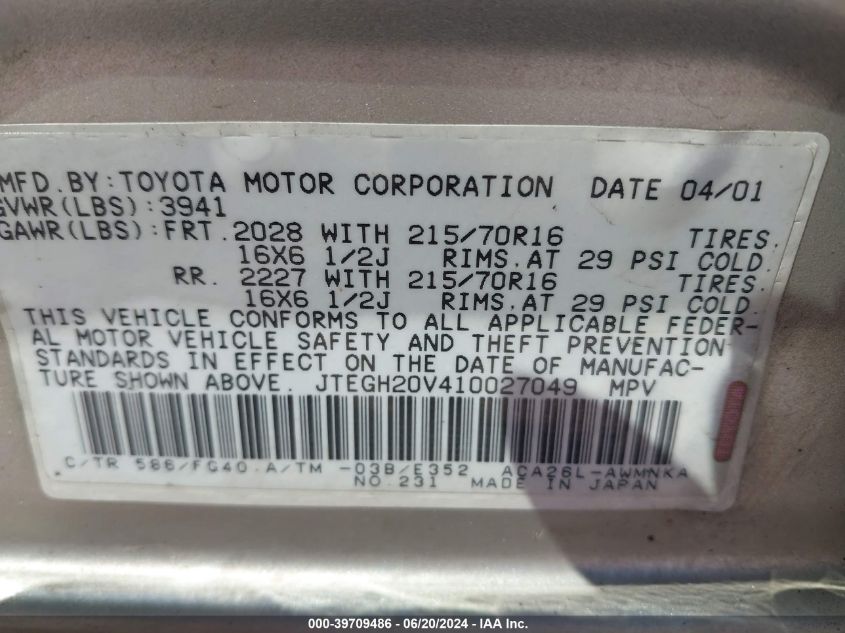 2001 Toyota Rav4 VIN: JTEGH20V410027049 Lot: 39709486